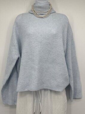 H&M Cozy Blue Ribbed Oversized Turtleneck Sweater Pearl Core Coastal Grandma Chi
